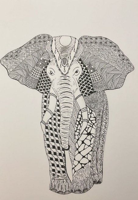 Elefantenkopf mit vielfältigen gezeichneten Zentangle-Mustern aus der Auszeit-DOCX